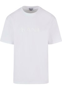 White cotton t-shirt with short sleeves, round neckline, and a reflective "KANÍ" logo printed on the front. Smooth texture, relaxed fit.