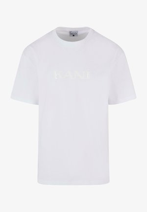 Valge puuvillane T-särk lühikeste varrukatega, ümar kaelus ja peegliline "KANÍ" logo trükitud esiküljel. Sile tekstuur, lõdva istuvusega.