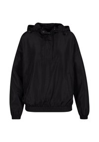 Zwarte pulloverjack met capuchon, elastische onderrand en manchetten, voorzien van een voorzak en een minimalistisch ontwerp. Gemaakt van lichtgewicht stof.