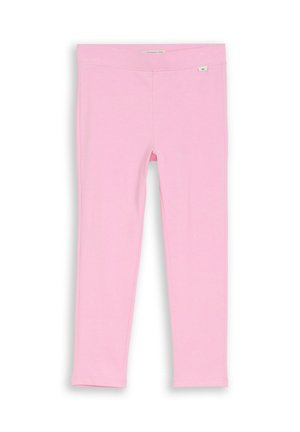 Leggings pour enfants rose pâle avec taille élastique, jambes droites et une petite étiquette logo blanche près de la taille sur le côté droit.
