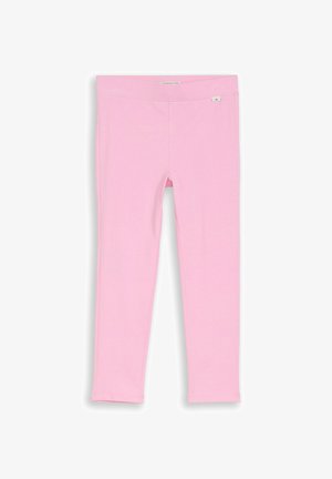 Weiche rosa Kinderleggings mit elastischem Bund, geraden Beinen und einem kleinen weißen Logotag nahe der Taille auf der rechten Seite.