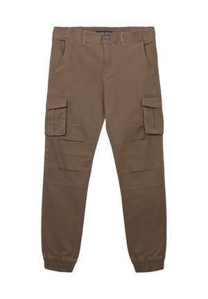 Pantaloni cargo marroni con polsini elasticizzati, due tasche laterali e due ampie tasche a pattina sulle cosce. Realizzati in tessuto resistente con una superficie liscia.