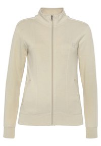 Šviesiai ruda zip-up striukė su aukštu apykakle, pagaminta iš minkštos medžiagos, su šoninėmis kišenėmis su rožinėmis detalėmis ir raukšlėtomis rankovėmis bei apatine dalimi.