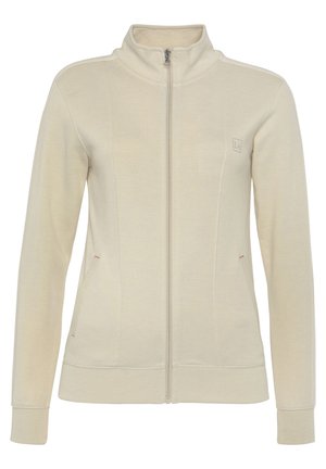 Beige zip-up jacket with a high collar, made of soft fabric, featuring side pockets with pink accents, and ribbed cuffs and hem.