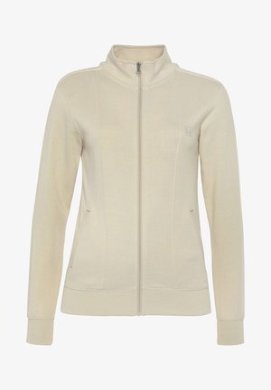 Bež jakna na zip s visokim ovratnikom, napravljena od mekanog materijala, s bočnim džepovima u ružičastim detaljima te rebrastim manžetama i donjim rubom.