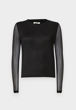 Svart langermet topp med ribbestruktur. Gjennomsiktige, litt transparente ermer. Tettsittende design med rund hals og solid kant.