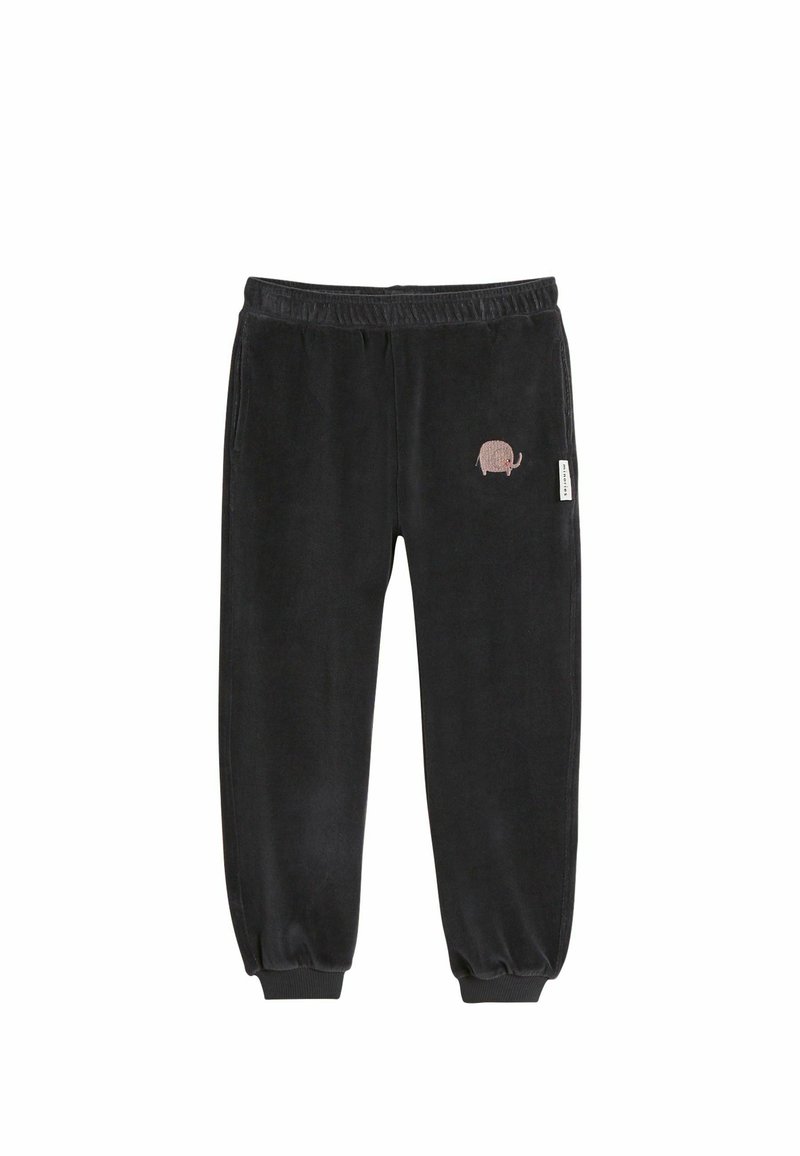 Svarta velourbyxor med elastisk midja, smalnande anklar, sidofickor och en liten elefantbroderi på vänster sida.