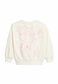 Crème sweatshirt met een roze grafiek van de profielen van twee personages op de achterkant, met een gestructureerde, elastische tailleband en mouwen.