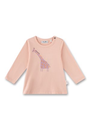 Rosa babybluse med lange ærmer med lilla giraf grafik og knaplukning på skulderen, størrelse 56.