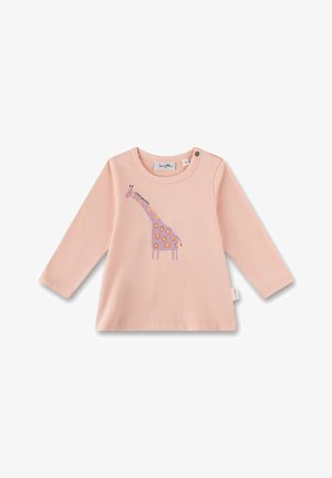 Roze babyshirt met lange mouwen, een paarse giraffe-graphic en drukknoopsluiting op de schouder, maat 56.