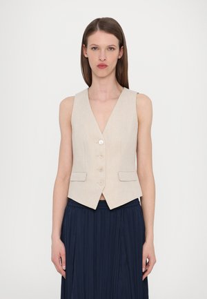 Beige sleeveless vest with a deep V-neckline, five button front closure, and two side pockets. Made of textured fabric.