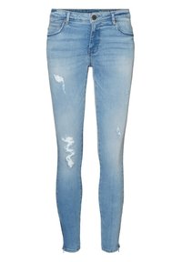 Světle modré skinny džíny, denimový materiál, s distressed detaily, roztrhnutými akcenty a mírně vybledlým povrchem. Nastavitelné zipové manžety na lemu.