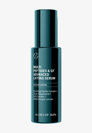 Mørkegrøn flaske mærket Multi Peptides & GF Advanced Lifting Serum fra Allies of Skin med brugs- og ingrediensdetaljer.