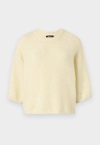 Hellgelbes Strickpullover mit Rundhalsausschnitt, kurzen Ärmeln und lockerer Passform. Hergestellt aus weicher Wolle oder einem Wollgemisch mit einer strukturierten Oberfläche.