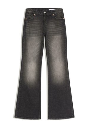 Black faded flare jeans with front pockets, belt loops, button closure, and subtle whiskering details at the hips and thighs.