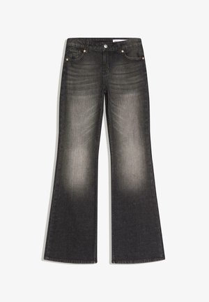 Black faded flare jeans with front pockets, belt loops, button closure, and subtle whiskering details at the hips and thighs.