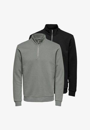 Due felpe con mezza zip e maniche lunghe, una grigia davanti e una nera dietro, entrambe con colletto alto e polsini e orli a coste.