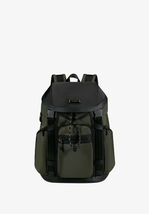 Black and dark green backpack with front zipper pocket, side pockets, drawstring closure, and padded shoulder straps.