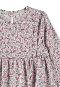 Blumenkleid mit einem hellgrauen Hintergrund und pinken sowie burgunderfarbenen Blumen. Rüschendetails entlang der Passe und ein Schlüsselrückenverschluss.