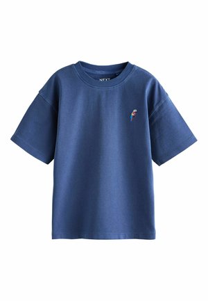 Blue crew neck short-sleeve t-shirt with a small colorful parrot embroidered on the left chest.