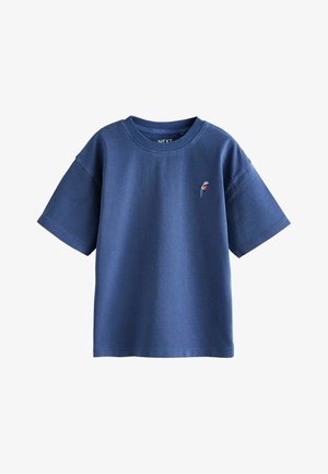 Blue crew neck short-sleeve t-shirt with a small colorful parrot embroidered on the left chest.