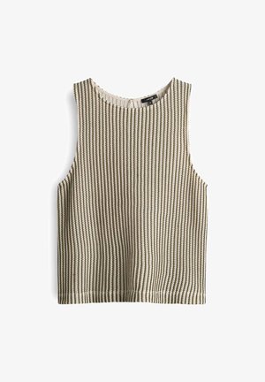Knitted sleeveless top featuring a ribbed texture in green and cream. Round neckline with clean finishes. Casual, cropped design.