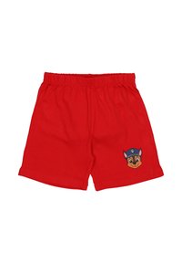 Rode kinderbroekjes met een elastische tailleband en een figuur van Paw Patrol op de rechteronderkant van het been.