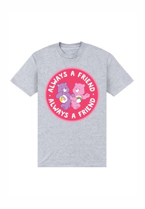 Szara bawełniana koszulka z okrągłym różowym grafiką przedstawiającą dwa kreskówkowe niedźwiedzie oraz napisem "Zawsze Przyjaciel" w białym kolorze.