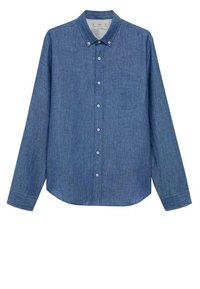 Blaues Jeanshemd mit langen Ärmeln, Knopfleiste am Kragen, Frontknöpfen, einer einzelnen Brusttasche und abgerundetem Saum. Hergestellt aus strukturiertem Baumwollstoff.