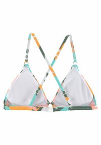 Trojuholníkový bikini top s farebným geometrickým vzorom v odtieňoch teal, oranžovej, zelenej a bielej. Nastaviteľné krížové popruhy a zapínanie na sponu.