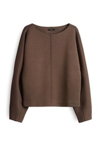 Maglione marrone con scollo ampio, maniche lunghe e vestibilità rilassata. Presenta una cucitura al centro e una texture morbida.