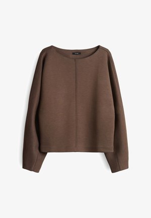 Brauner Pullover mit weitem Ausschnitt, langen Ärmeln und entspannter Passform. Enthält eine Naht in der Mitte und eine weiche Textur.