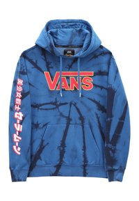 Blaues Batik-Sweatshirt mit Vordertasche, Kapuze und rotem "VANS"-Logo auf der Brust; japanischer Text auf dem linken Ärmel gedruckt.