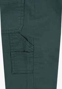 Tmavě zelené kalhoty typu cargo s boční kapsou, viditelným prošitím a hladkou texturou. Navrženy pro odolnost a praktické použití.