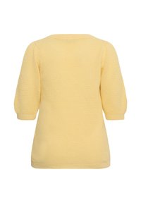 Pull court à manches courtes tricoté jaune clair avec un motif texturé et des poignets et un ourlet côtelés, montré de dos.