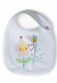 White cotton bib featuring a floral design with a smiling flower, a bee, and a ladybug. Includes button closure and colorful printed accents.