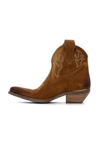 Stivale alla caviglia in camoscio marrone con punta appuntita, tacco corto a blocco e motivi floreali ricamati sui lati. Superficie strutturata e cuciture senza soluzione di continuità.