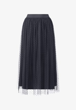 Black tulle skirt featuring a gathered waistband, dotted texture, and layered design. Mid-length with a sheer outer layer and solid lining.