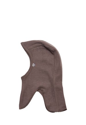 Braune Strickbalaclava mit glatter Textur, passgenauer Form und verlängerter Schnitt für Kopf- und Halsabdeckung. Mit kleinem Logo an der Seite.