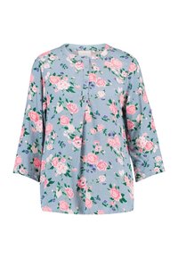Top stampato floreale in tessuto blu chiaro, con maniche a tre quarti, scollatura rotonda e patta con bottoni, accentuata da dettagli rosa e verde pastello.