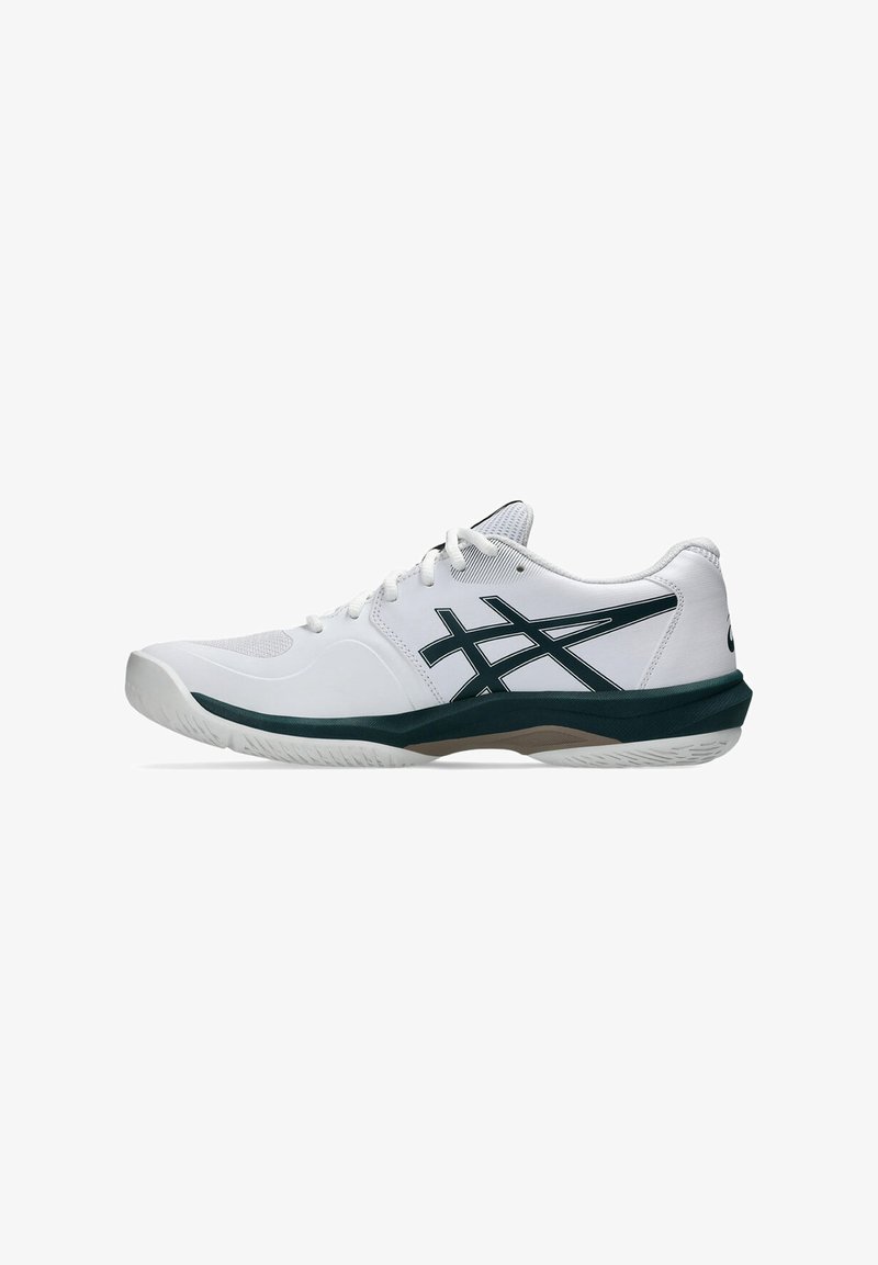 White athletic shoe with a textured mesh upper, featuring dark green accents and a low-profile rubber sole for stability and grip.