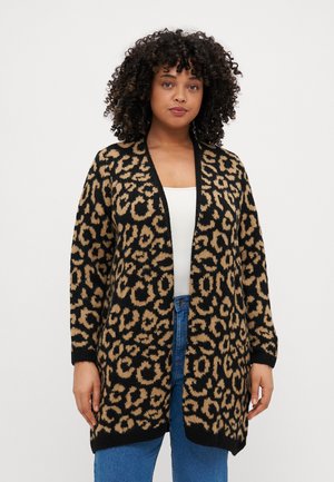 Black cardigan featuring a leopard print in tan shades, open front design, long sleeves, and ribbed cuffs and hem. Soft texture.