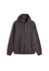 Pullover hoodie in dark gray, cotton blend material. Features a drawstring hood, front pouch pocket, and ribbed cuffs and hem.