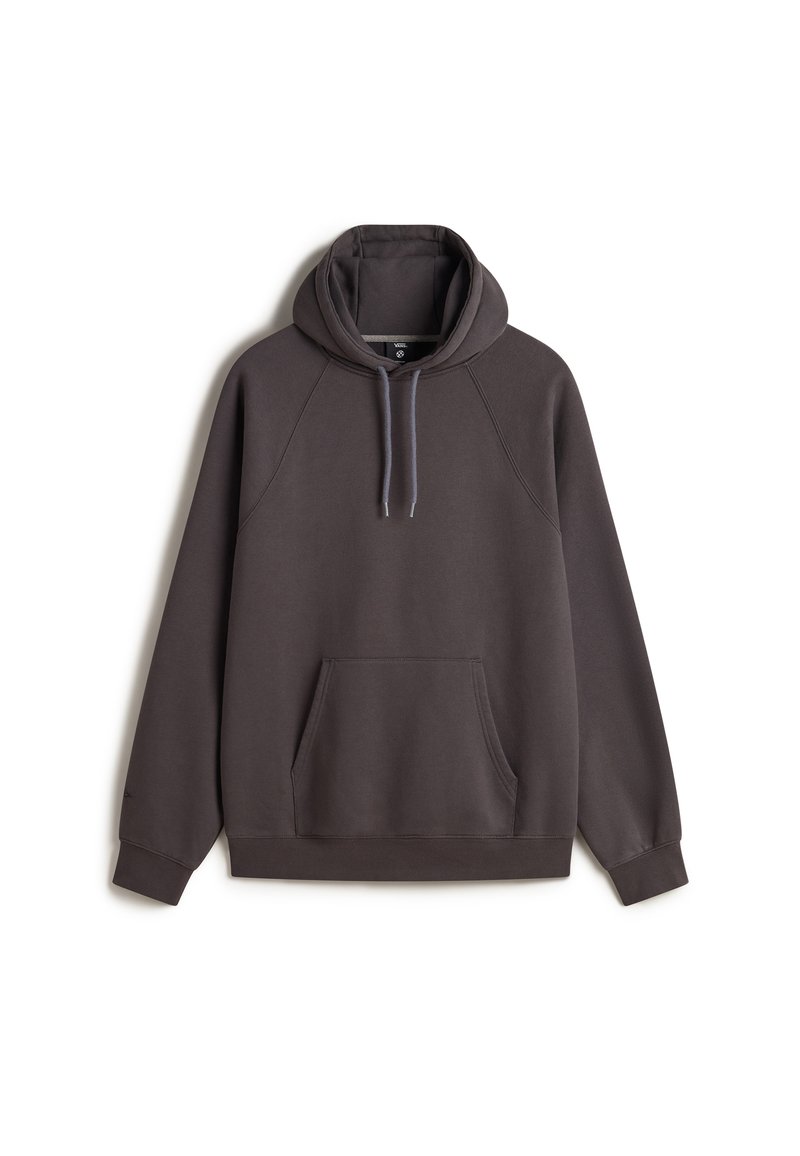 Pullover hoodie in dark gray, cotton blend material. Features a drawstring hood, front pouch pocket, and ribbed cuffs and hem.