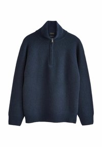 Pulover bleumarin dintr-un material tricotat moale, cu textură rib și guler fals cu fermoar. Mâneci raglan și croială lejeră.