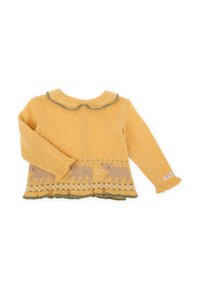 Suéter amarillo de punto con cuello redondo, que presenta un patrón de oso a lo largo del dobladillo y detalles verdes en el cuello y las mangas.