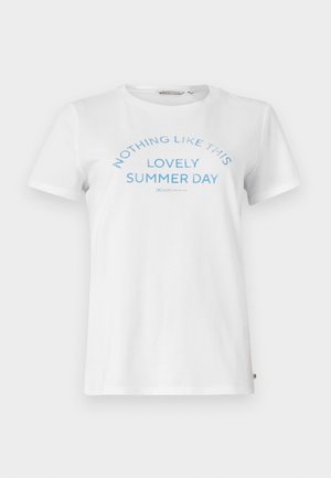 White cotton t-shirt with short sleeves and crew neck. Features blue text reading “NOTHING LIKE THIS LOVELY SUMMER DAY” in an arched design.