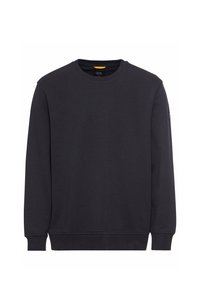 Diepblauwe crew neck sweatshirt, gemaakt van zachte stof, met lange mouwen en geribde manchetten en zoom. Geen patronen of extra accenten zichtbaar.