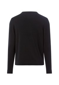 Czarny sweter z długim rękawem i okrągłym dekoltem, z prążkowanymi mankietami i dołem, prezentujący gładką fakturę i minimalistyczny design.