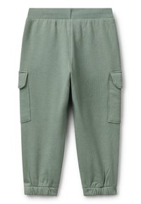Groene katoenen cargo broek met een elastische tailleband, taps toelopende boorden en twee zijzakken. Zachte textuur met een gladde afwerking.